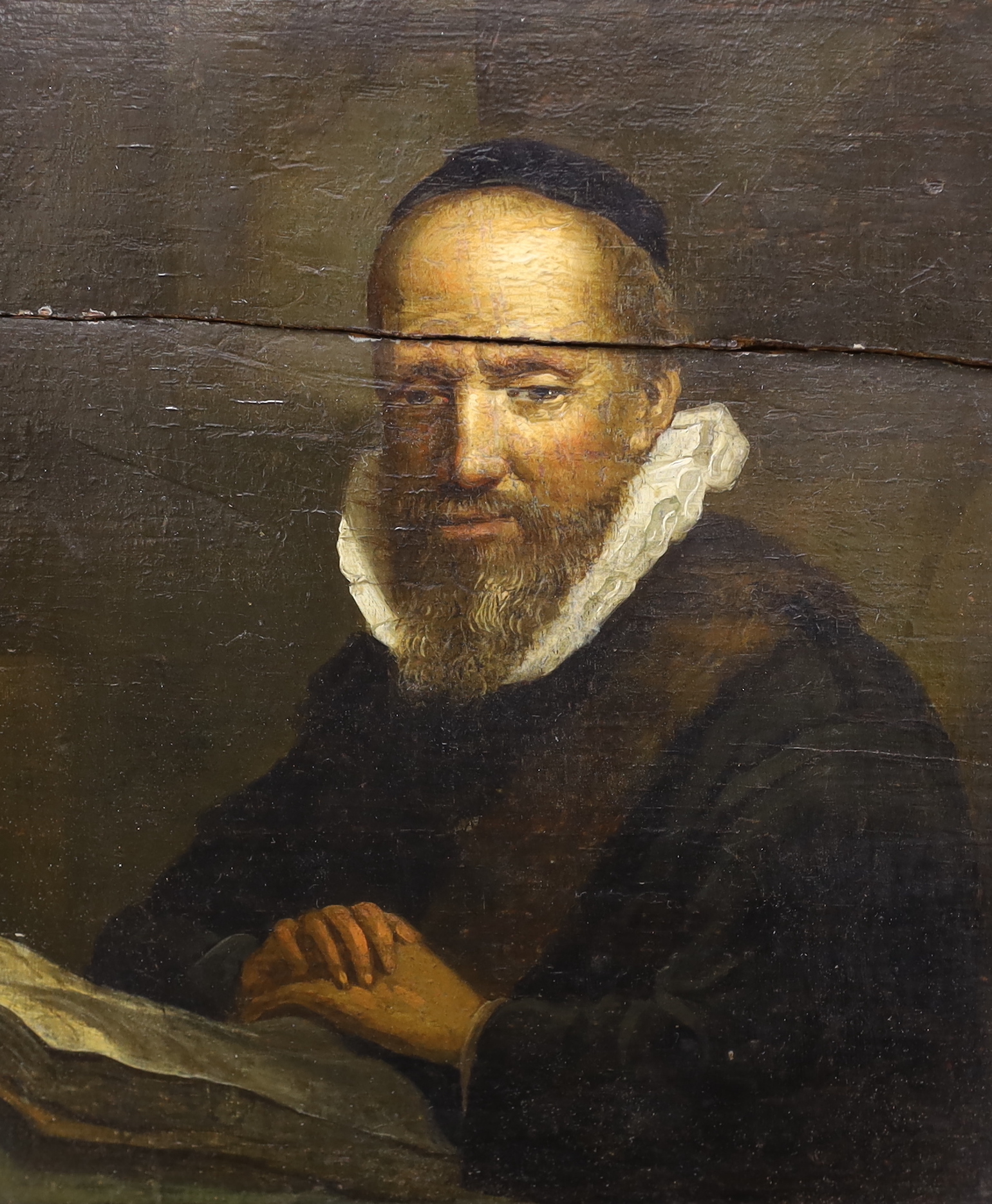 Oil on board, Portrait of a 17th century gentleman wearing a cap and ruff, together with a small oil on board, Continental river landscape with boats, indistinctly signed, largest 18 x 15cm